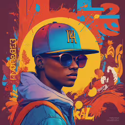 a man wearing sunglasses and a hat,a man in glasses, a hat, and a blue and orange shirt