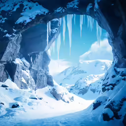 a large snowy cave with an icy face