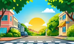 the sun sets over a street with houses and trees