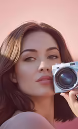 a beautiful woman holding up a camera to her face