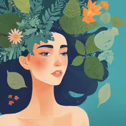 a young woman with dark hair has leaves in her head,a woman with long hair surrounded by plants