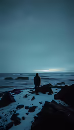 a lone person stands near some snow covered rocks