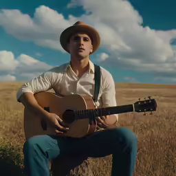 a man with a guitar in a field
