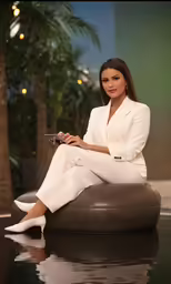 a woman in a white suit is sitting on a pillow