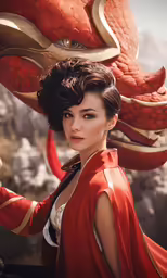 an asian girl posing with a dragon statue