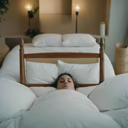 a woman in bed with two white pillows