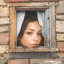 a girl behind the windows looking out on the street