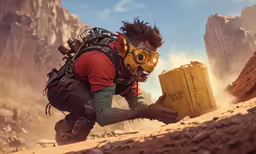 a guy in gas mask and gas masks kneeling down with a suitcase