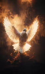 a white bird with big wings is illuminated by fire