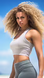 an artistic painting of a woman with big natural blonde hair,a very attractive young lady posing for a photograph