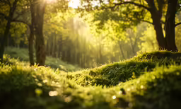 the sun shining through a tree line in a green forest