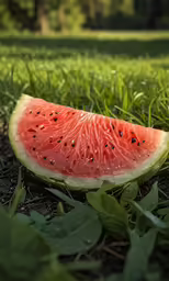 one piece of watermelon on the grass near some trees