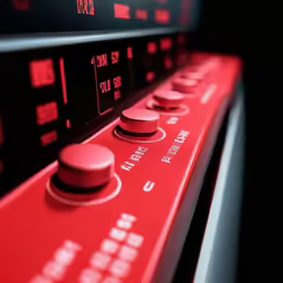 the control panel of an audio player with red knobs