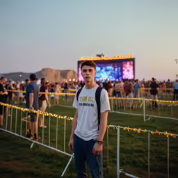 a young man standing on a field at a music festival