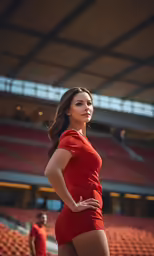 a beautiful woman standing in front of a stadium