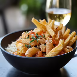 a bowl of pasta and parmesan is garnished with tomatoes