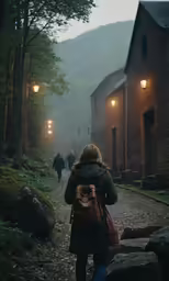 a woman with a brown bag and a backpack walks down a path