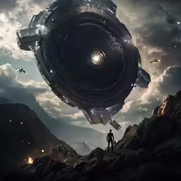 a man is standing on the top of a hill looking out at a huge object in the sky