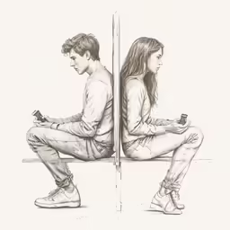 a pencil drawing of a boy and girl sitting on a bench