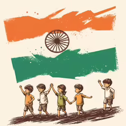 children standing in front of the flag of india