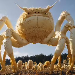 some white crabs are walking on the ground