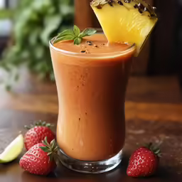 an orange smoothie with a garnish on top and strawberries and lemon slices around it