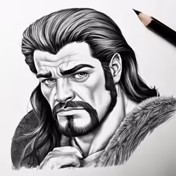 a pencil drawing of the man with long hair and beard