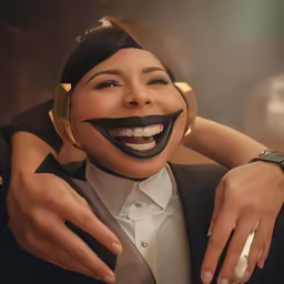 an odd woman wearing a fake smile hugging her arms