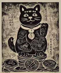 an art print featuring a cat and various asian symbols,an illustration of a cat sitting on a stack of coins