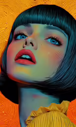 a portrait of a woman with bright blue eyes and black hair