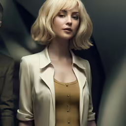 a woman with a blonde bob standing beside another man