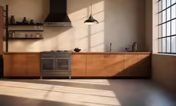 an empty kitchen with an oven, stove, shelving and cabinets