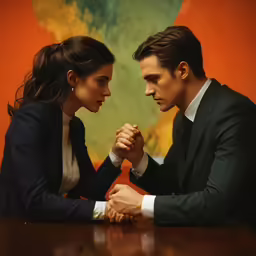man and woman in business attire praying with the hands together