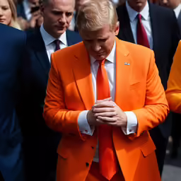 the men in orange suits walk through a crowd of people
