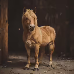 the young pony has a big nose and is standing