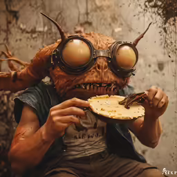 an alien eating from a plate with sunglasses on it