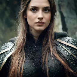 a woman in a full costume in the woods