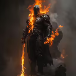 a character standing near a blazing flame