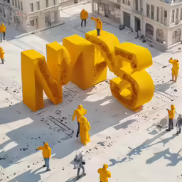 large yellow sculptures with figures standing around