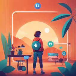 an artwork work with a woman wearing a backpack looking at the scenery,the woman in the orange jacket is looking at her phone
