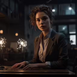 a woman at a desk with a keyboard in the background