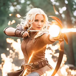 a beautiful blonde woman holding a long saber and pointing at something