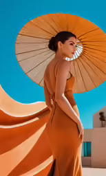 a woman standing wearing a brown dress holding an orange umbrella