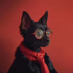 a small dog wearing glasses and a scarf