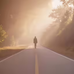 the person walks down the street in the early morning