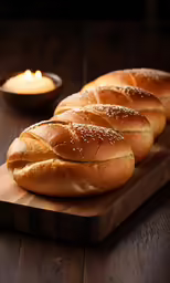loafs on a wooden board and a candle