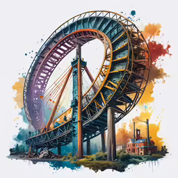 watercolor painting of a roller coaster wheel at an amusement park