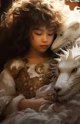 the child is wearing an elaborate dress with hair and a wolf,a young girl hugging a white sheep