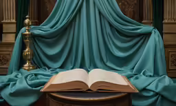 an open book sitting on top of a table next to curtains