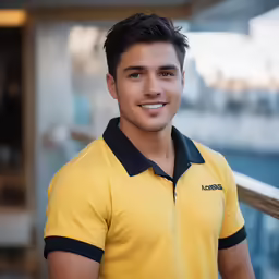 a male in a yellow shirt is posing for a picture